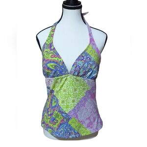 Garnet Hill Pastel Floral White Blue Green Patchwork Tankini Swim Top Sz 12 NWOT